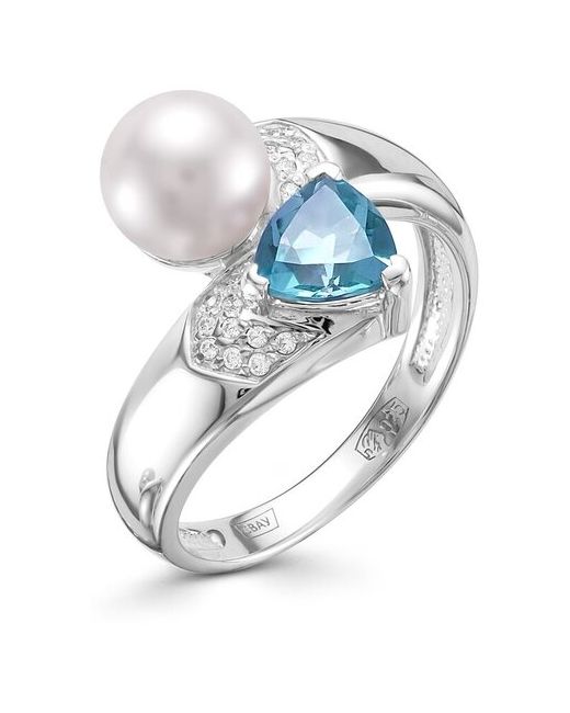 Алькор Ювелирное кольцо из родированного серебра c топазом sky blue жемчугом и кристаллами