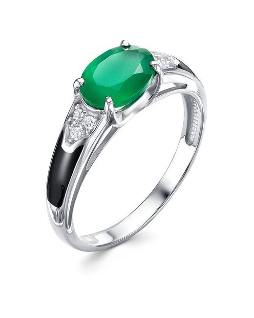 Алькор Ювелирное кольцо из родированного серебра c агатом зеленым и эмалью