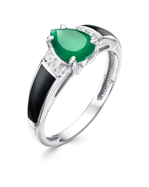 Алькор Ювелирное кольцо из родированного серебра c агатом зеленым эмалью и кристаллами