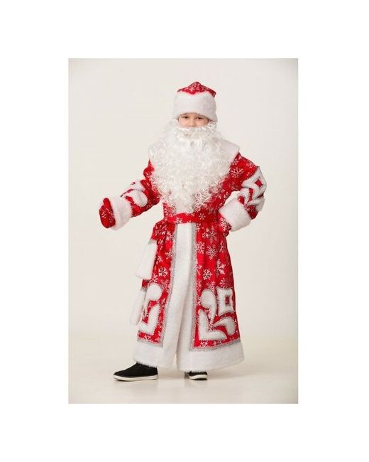 Батик Карнавальный костюм Дед Мороз пальто с узором шапка рукавицы р. 32 рост 128 см