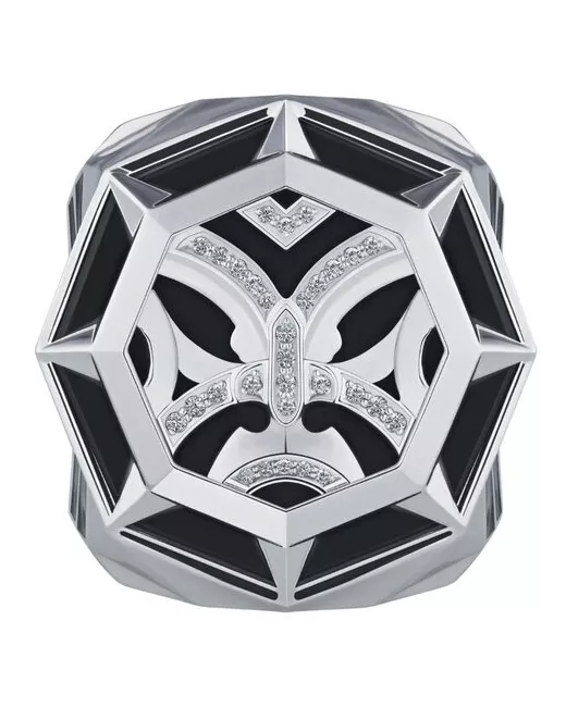 Российский ювелирный бренд «Flymi» Кольцо Маори с ониксом и бриллиантами из белого палладия 500 пробы