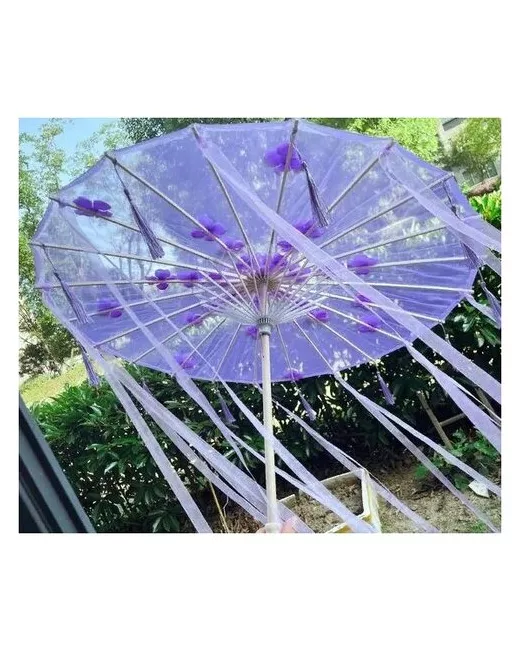- Зонтик китайский с лентами сиреневый Зонт каракаса текстильный для танца трость