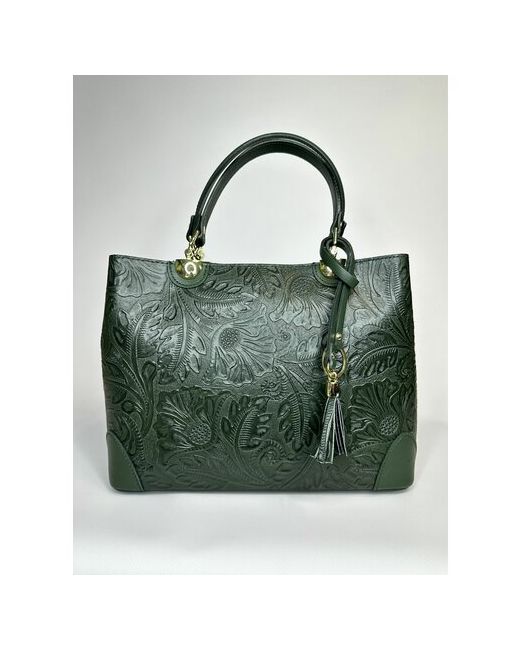 Vera Pelle темно-зеленая классическая итальянская сумка тоут формат А4 из натуральной кожи с авторским тиснением