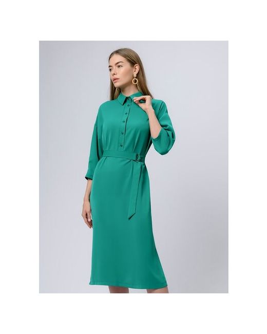 1001dress Платье-рубашка изумрудного цвета длины миди с отложным воротником