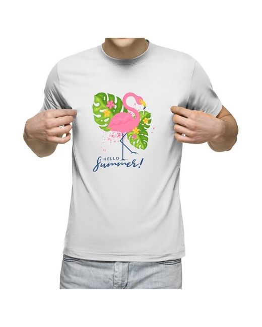 US Basic футболка Привет лето Тропическая иллюстрация с фламинго. L