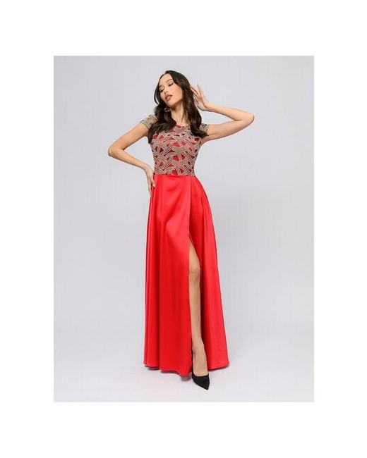1001dress Платье красного цвета длины макси с кружевом и разрезом на юбке