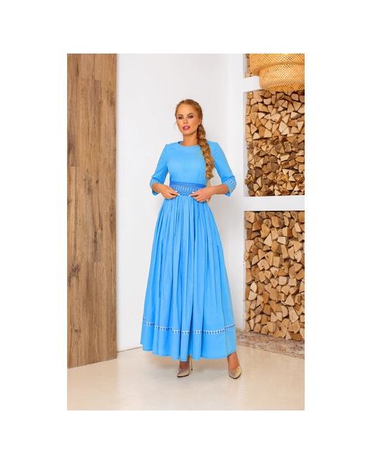 Славянские узоры Платье голубого цвета с пышной юбкой праздничное в пол русском стиле Надежда 42 размер