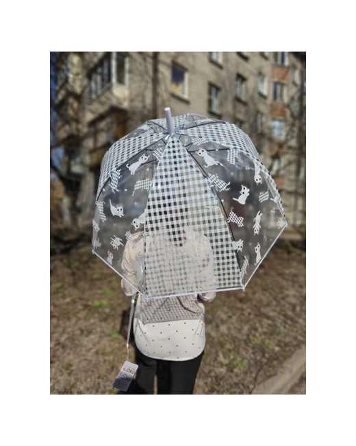 Galaxy Зонт трость прозрачный Подростковый зонт от дождя полуавтомат складной арт. С-541 кошка с клеткой