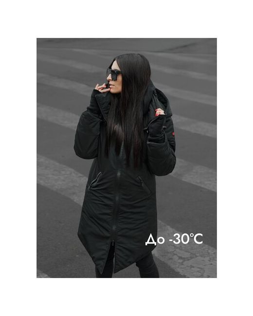 Skvo Парка куртка зимняя с капюшоном оверсайз черная митенками L