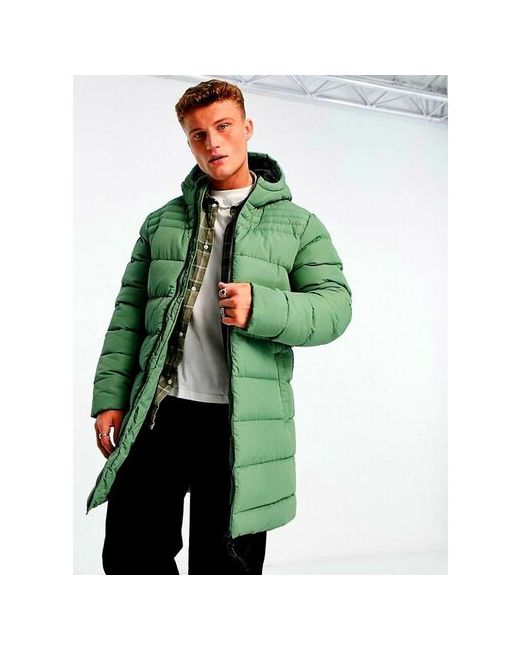 Threadbare Куртка Longline puffer jacket with hood in pale Green зеленая размер M 48