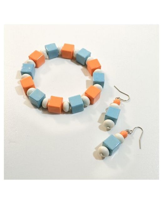 Tularmodel Комплект украшений из бусин кубиков оранжевый с голубым браслет 20 см и серьги