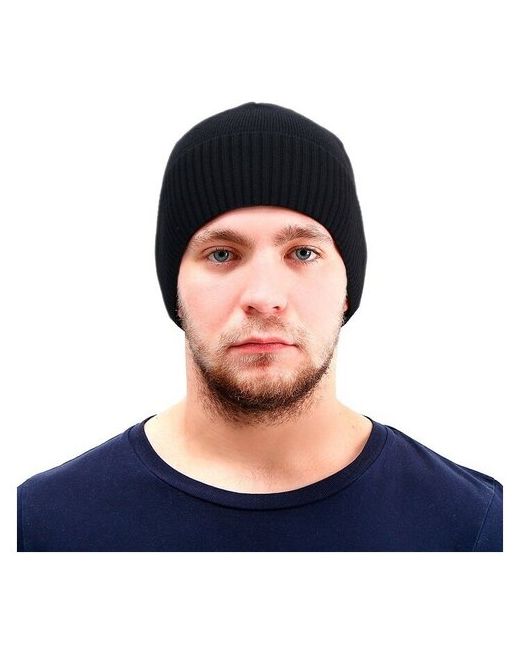 Сима-ленд шапка вязаная на флисе черная с отворотом мелкий рубчик 9361621