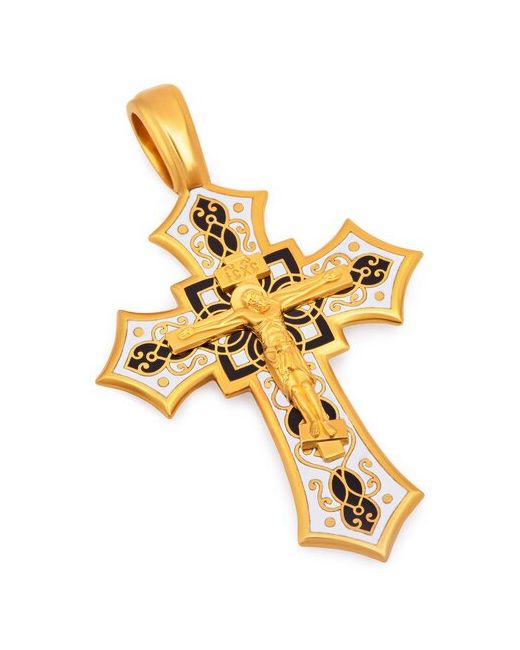 Деревцов Нательный крестик с эмалью черно-белого цвета Распятие Господа нашего Иисуса Христа KRSPE0705