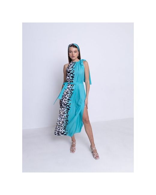 La Tunic Сарафан пляжный длинный платье макси 40-54 на лето с поясом голубое леопард