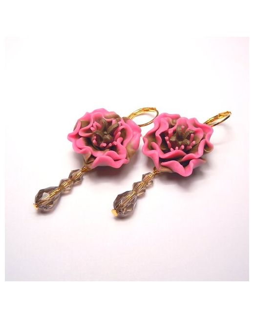 GulNara серьги с цветами-пионами из полимерной глины розово-