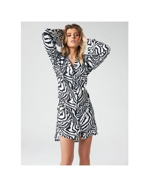 Alza Пляжная шелковая атласная рубашка туника оверсайз удлиненная с поясом длинным рукавом принтом леопардовая для пляжа платье