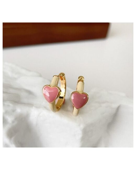 Tag&Mag Серьги кольца с удобным замком конго сердечки розовые под золото