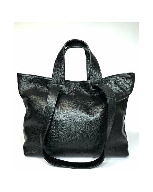 Vera Pelle черная итальянская сумка шоппер 4 ручки из фактурной натуральной мягкой кожи