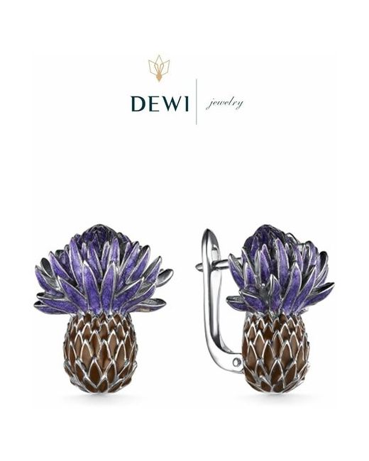 Dewi серебряные серьги 925 пробы цветок Репейник родированные с эмалью.