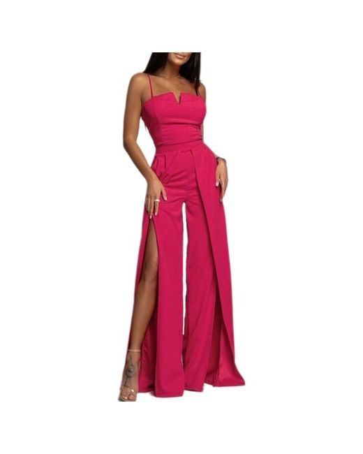 Fashion Комбинезон однотонный с высокой талией и широкими штанинами розовый 42 размер