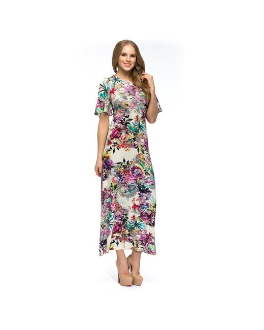 MadaM-T Платье Серрона МадаМ Т яркое с цветочным принтом Бежевого цвета 50 размера