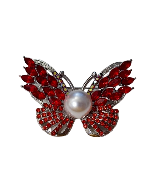 Fashion Jewelry Брошь декоративная со стразами Бабочка с жемчугом 45х35мм