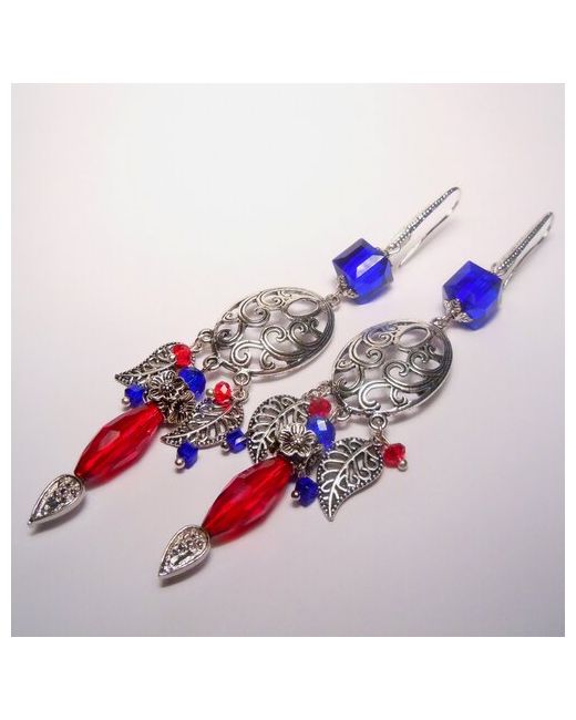 GulNara Длинные серьги со стеклянными и металлическими бусинами красно-синие