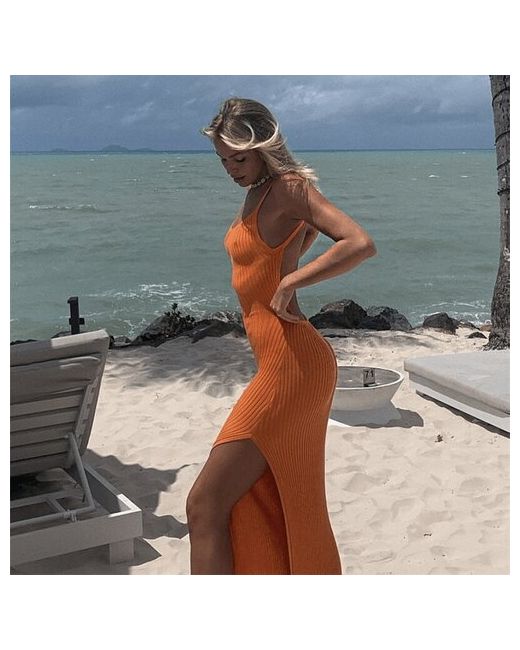 Ol-Le Платье стильное модное тонкое цельное трикотажное с v-образным вырезом оранжевоe