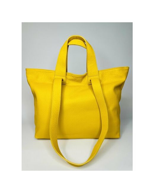 Vera Pelle желтая яркая сумка шоппер 4 ручки из фактурной натуральной мягкой кожи