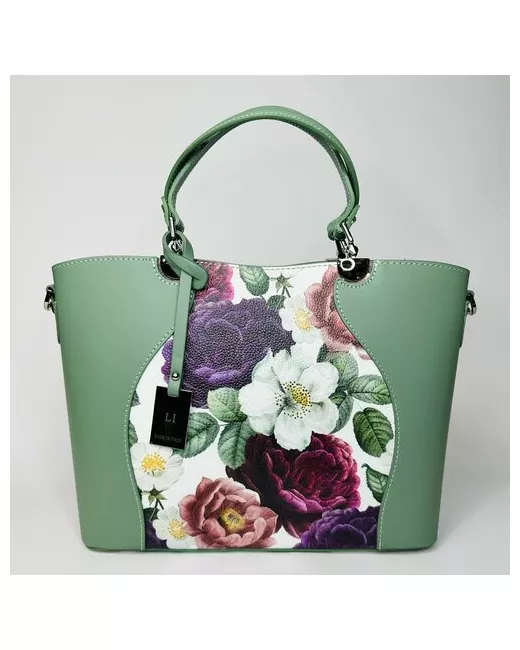Vera Pelle формованная итальянская светло-зеленая сумка тоут формат А4 из натуральной кожи с цветочным принтом