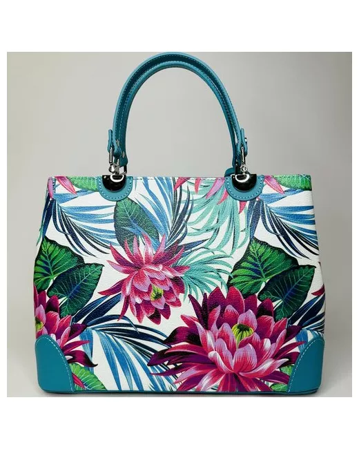 Vera Pelle формованная итальянская бирюзовая сумка тоут формат А4 из натуральной кожи с ярким цветочным принтом