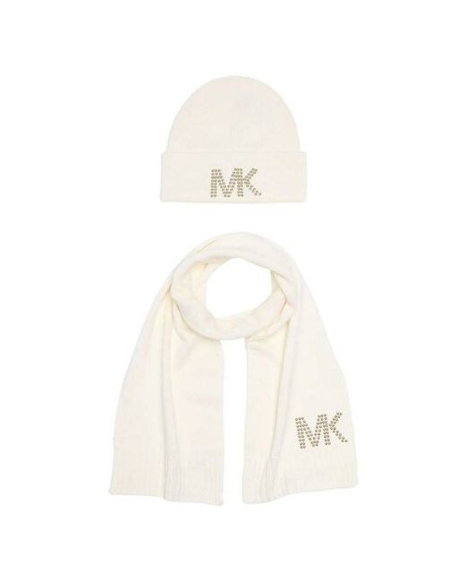 Michael Kors Сет молочный шапка и шарф с лого буквами МК стразами на шапке шарфе Access Studded Logo Muffler/Beanie Set ivory