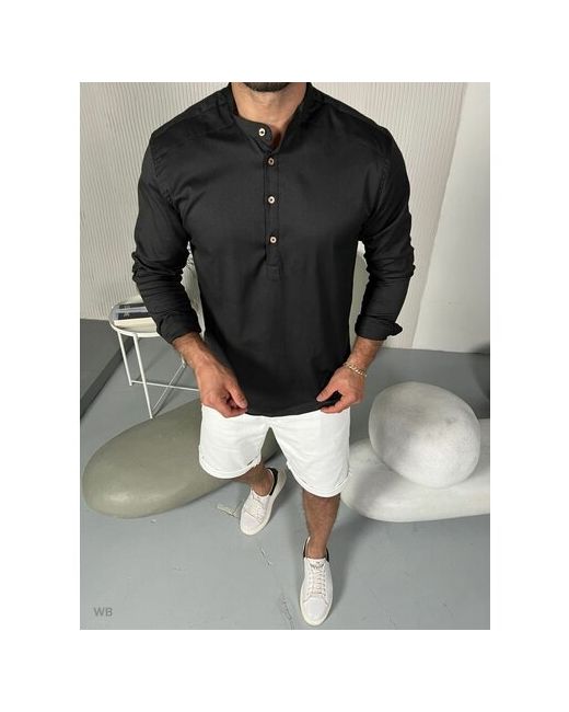 AVZ Fashion Рубашка черная с длинным рукавом и воротник стойка стильная 4 пуговицы пляжная XXL
