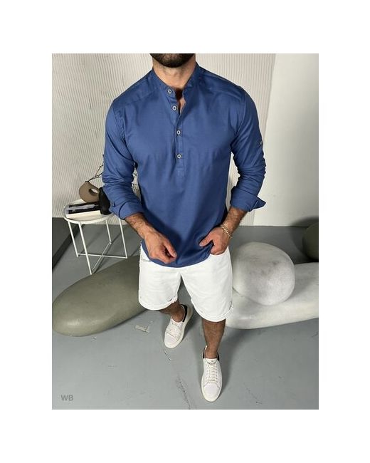 AVZ Fashion Рубашка светло-синяя с длинным рукавом и воротник стойка приталенная 4 пуговицы пляжная XXXL