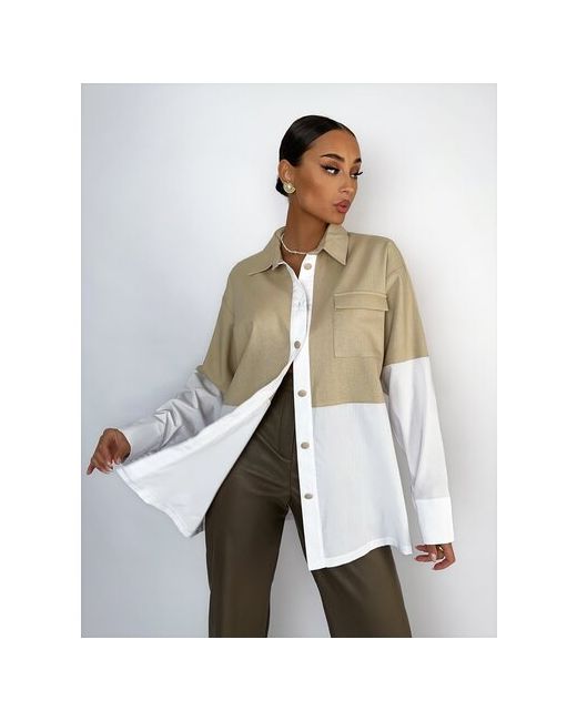 DiSORELLE Рубашка женская оверсайз удлиненная офисная с нагрудными карманами бежевый размер 42/44