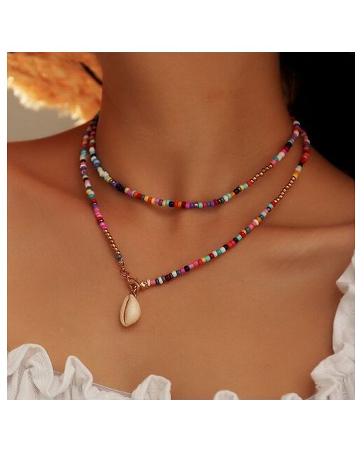 HiGirl Ожерелье из разноцветного бисера с ракушкой