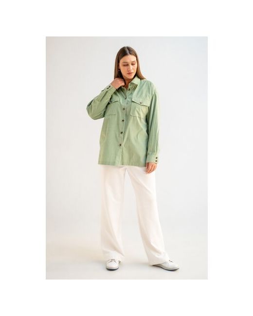 Modress Рубашка повседневный стиль свободный силуэт длинный рукав однотонная размер 52 зеленый