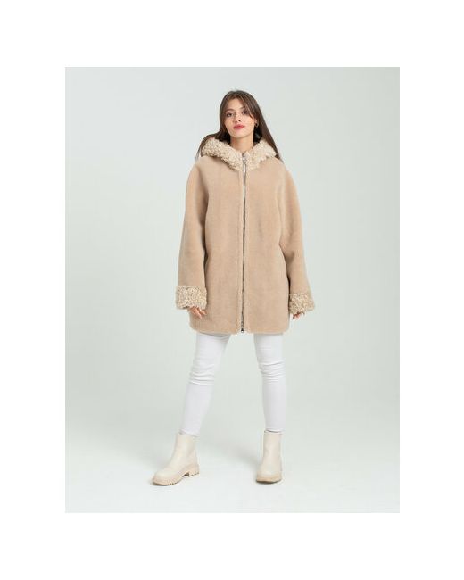 Риа Куртка овчина средней длины оверсайз карманы капюшон размер 50