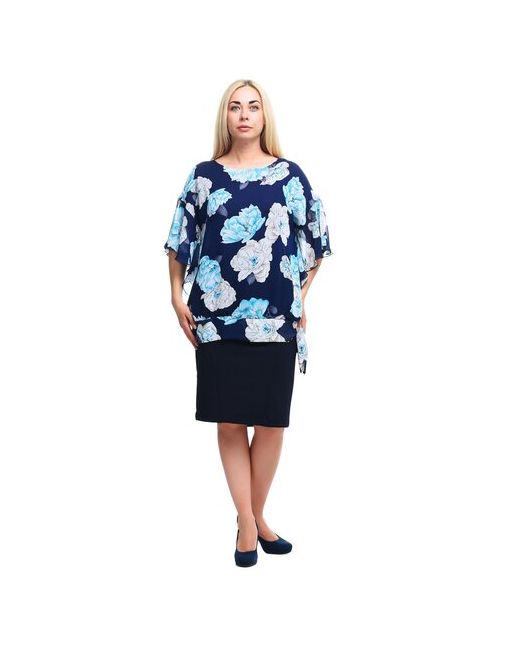 Olsi Блуза нарядный стиль свободный силуэт короткий рукав полупрозрачная флористический принт размер 50