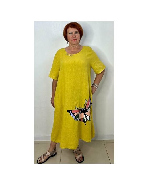 Made in Ital Платье-майка лен трапециевидный силуэт миди карманы размер 52-54