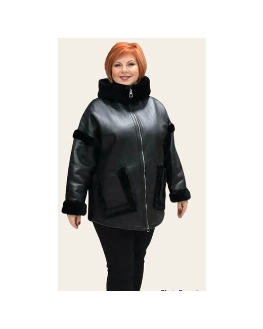 Эльмех Куртка овчина средней длины силуэт свободный карманы капюшон размер 52 черный
