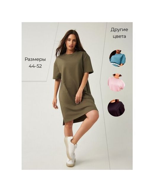 Art-Ars Платье-футболка хлопок повседневное свободный силуэт до колена размер 44-46 зеленый бежевый