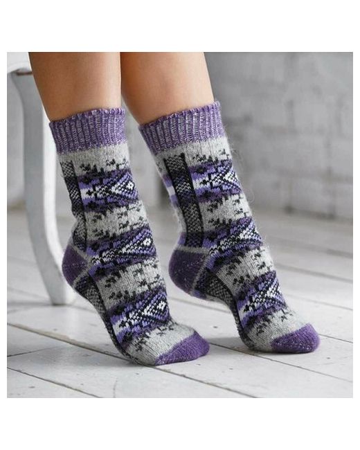 Русская шерсть носки усиленная пятка на Новый год утепленные вязаные размер 35-37 фиолетовый