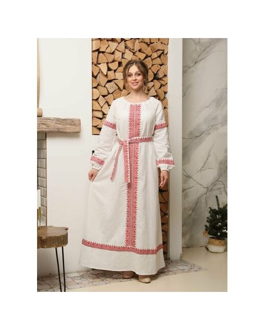 Славянские узоры Платье лен трапециевидный силуэт макси размер 48-52 бордовый