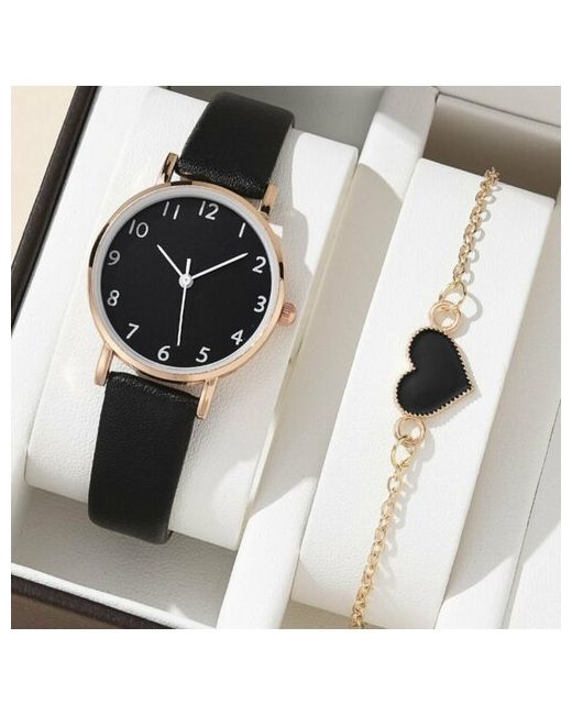 Ma.brand Наручные часы Подарочный набор 2 в 1 Сердце наручные и браслет черный