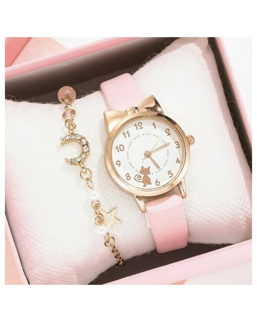 Ma.brand Наручные часы Подарочный набор 2 в 1 Кошечка наручные и браслет розовый