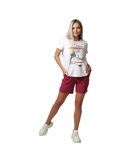 Elena Tex Костюм футболка и шорты повседневный стиль свободный силуэт пояс на резинке карманы размер 60 бордовый белый