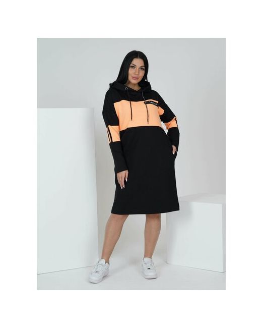 lovetex.store Платье-толстовка в спортивном стиле оверсайз до колена капюшон карманы размер 52 оранжевый черный