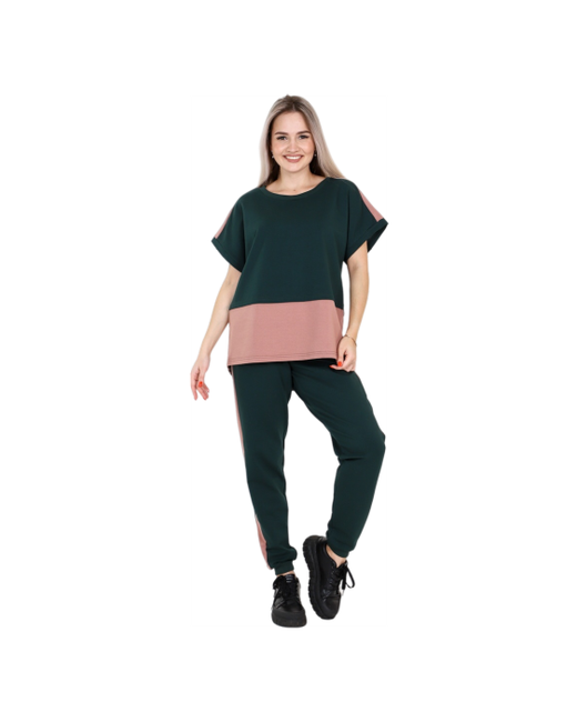 Elena Tex Костюм футболка и брюки повседневный стиль оверсайз пояс на резинке карманы размер 50 зеленый
