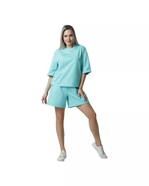 Elena Tex Костюм футболка и шорты повседневный стиль оверсайз пояс на резинке трикотажный карманы размер 44 мультиколор